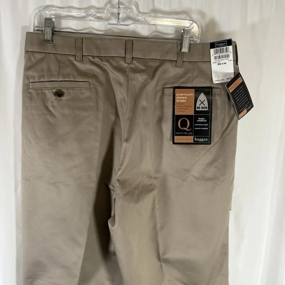 New Haggar Pleated Cuff Men's 36x34 Khaki Long Stable Combed Cotton No Iron